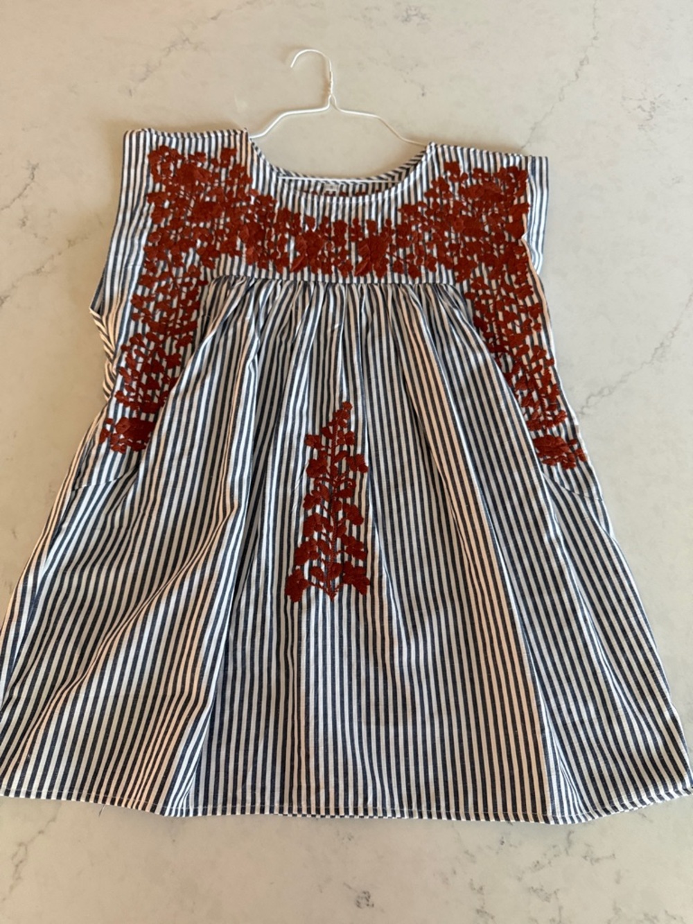Striped Embroidered Peasant Blouse — burnt Orange Embroidery size S